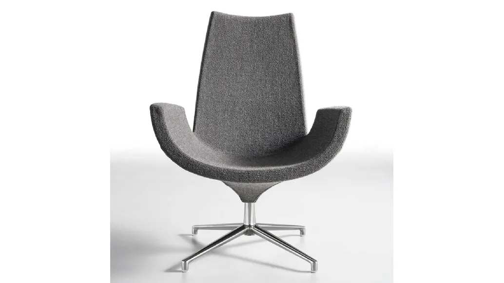 Lounge Beetle High Back armchair upholstered in padded fabric with aluminium swivel base by Infiniti.
