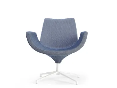 Low back Beetle armchair with enveloping design upholstered in padded fabric with a swivel aluminum base by Infiniti.