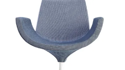 Low back Beetle armchair with enveloping design upholstered in padded fabric with a swivel aluminum base by Infiniti.