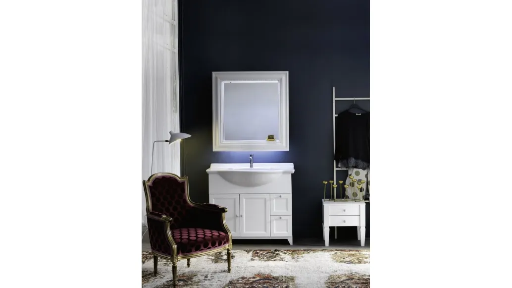 Freestanding bathroom vanity unit in matte white lacquer with a DIAMANTE DM13B ceramic console sink by Compab.
