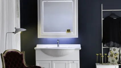 Freestanding bathroom vanity unit in matte white lacquer with a DIAMANTE DM13B ceramic console sink by Compab.