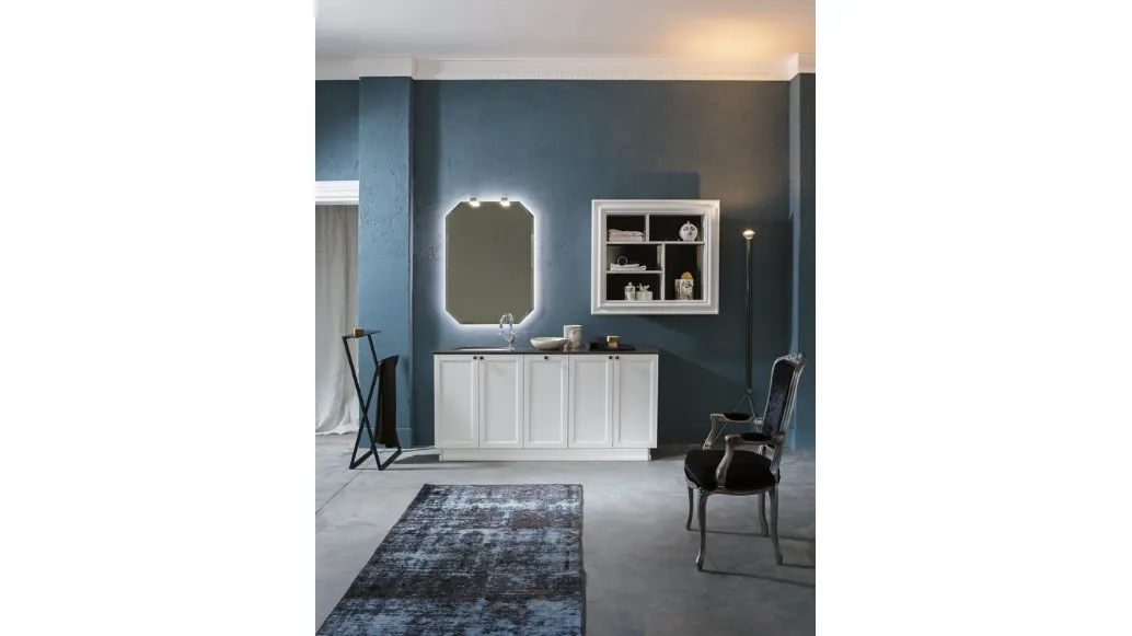 Freestanding bathroom cabinet in matte white lacquer and Diamond DM17 marble top by Compab.