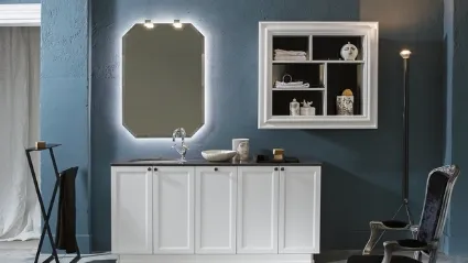 Freestanding bathroom cabinet in matte white lacquer and Diamond DM17 marble top by Compab.