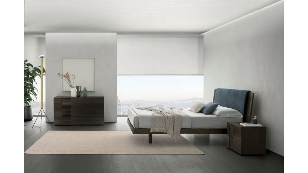 Double bed Bliss in textured oak with a softened headboard made of Tomasella padded panel.