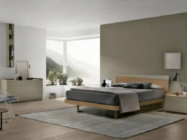 Bed with Charlie headboard in amber walnut and matte lacquered saline finish by Tomasella.