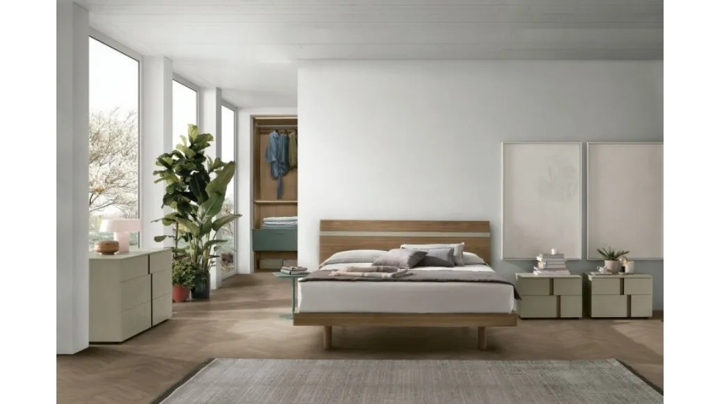 Bed with Joker headboard in textured amber walnut by Tomasella.