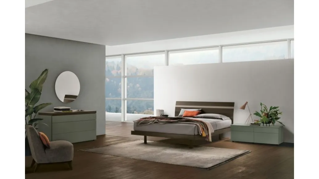 Bed with Joker headboard in textured moka oak by Tomasella