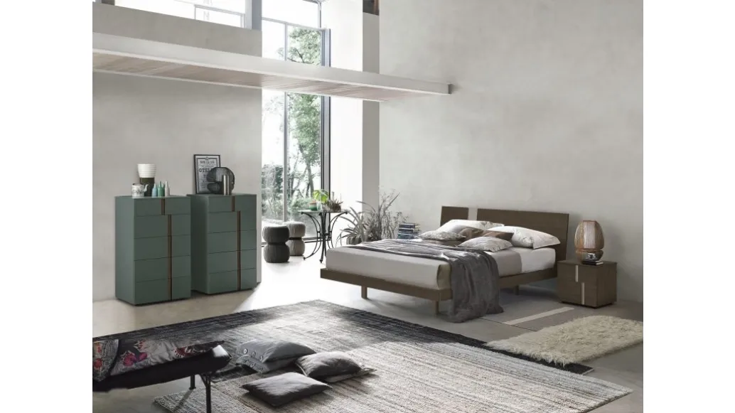 Oak moka bed frame with an alpaca material insert by Tomasella.