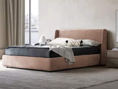 King-size fabric bed with headboard and Wave storage container by Adok.