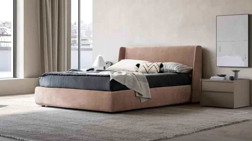 King-size fabric bed with headboard and Wave storage container by Adok.