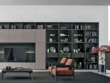 Atlas bookcase UNIT AT201 in alpaca material, carbon oak material and carbon oak canettè, lacquered forest by Tomasella.