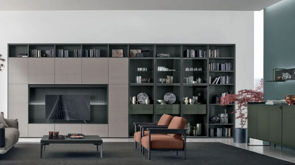 Atlas bookcase UNIT AT201 in alpaca material, carbon oak material and carbon oak canettè, lacquered forest by Tomasella.