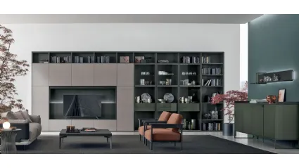 Atlas bookcase UNIT AT201 in alpaca material, carbon oak material and carbon oak canettè, lacquered forest by Tomasella.
