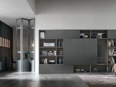 Atlas UNIT AT203 bookcase in anthracite matte material, dark intertwined material and mother-of-pearl metal by Tomasella.