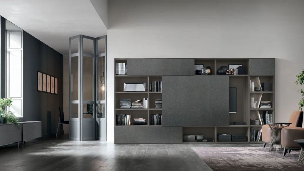 Atlas UNIT AT203 bookcase in anthracite matte material, dark intertwined material and mother-of-pearl metal by Tomasella.