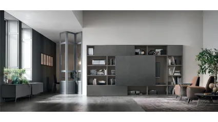 Atlas UNIT AT203 bookcase in anthracite matte material, dark intertwined material and mother-of-pearl metal by Tomasella.