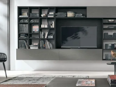 Atlas Bookshelf UNIT AT204 in carbon oak and dark piasentina texture and lacquered bromo metal by Tomasella.