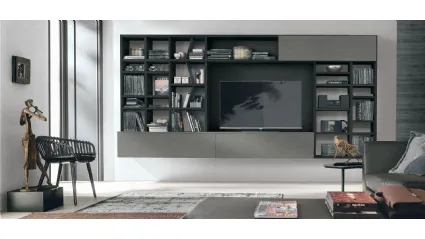 Atlas Bookshelf UNIT AT204 in carbon oak and dark piasentina texture and lacquered bromo metal by Tomasella.