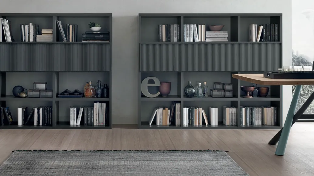 Atlas bookcase UNIT AT207 in anthracite matte material and matte canetté anthracite lacquered by Tomasella.