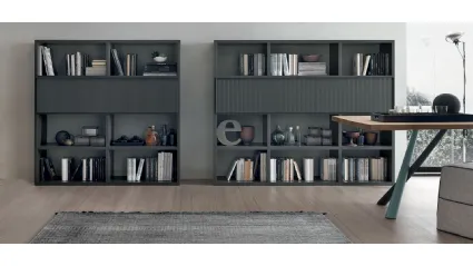 Atlas bookcase UNIT AT207 in anthracite matte material and matte canetté anthracite lacquered by Tomasella.
