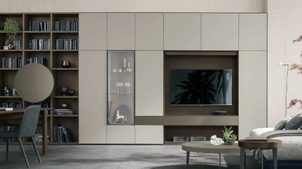 Atlas Bookshelf UNIT AT210 in marled moka oak, bronzed metallic lacquered, and matte arena finish by Tomasella.