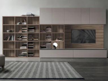 Atlas bookcase UNIT AT215 in alpaca material, amber walnut material, and matte anthracite metal by Tomasella.