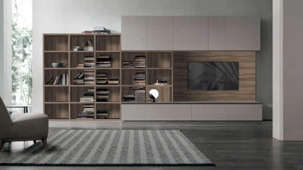 Atlas bookcase UNIT AT215 in alpaca material, amber walnut material, and matte anthracite metal by Tomasella.