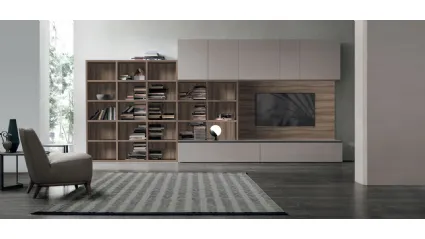 Atlas bookcase UNIT AT215 in alpaca material, amber walnut material, and matte anthracite metal by Tomasella.