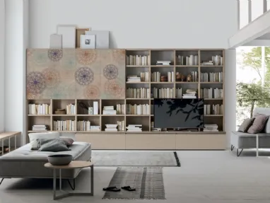 Atlas Bookcase UNIT AT218 in sand oak material with artistic graphics by Tomasella.