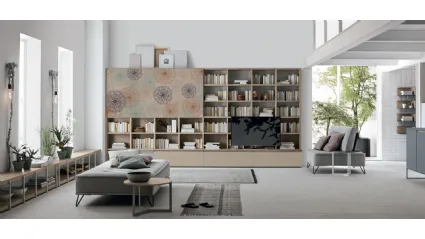 Atlas Bookcase UNIT AT218 in sand oak material with artistic graphics by Tomasella.