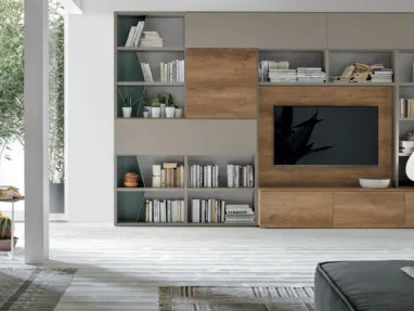 Atlas bookcase UNIT AT219 in light knotted material, matte sand material and myrtle metal by Tomasella