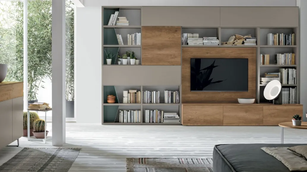 Atlas bookcase UNIT AT219 in light knotted material, matte sand material and myrtle metal by Tomasella