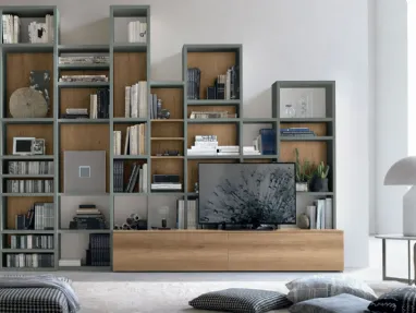 Atlante bookcase UNIT AT220 in light knotted material and matte basalt material by Tomasella.
