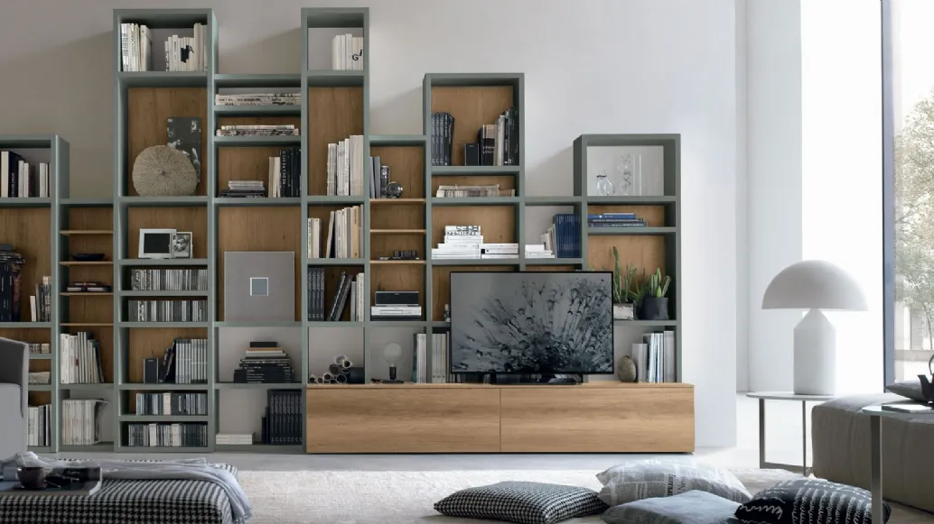Atlante bookcase UNIT AT220 in light knotted material and matte basalt material by Tomasella.
