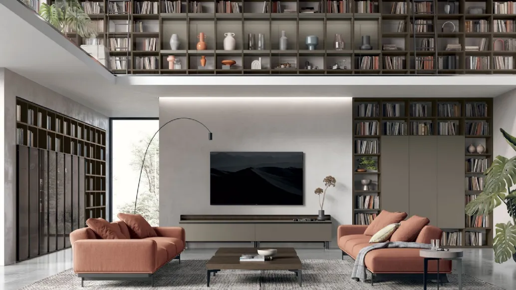 Atlas bookcase UNIT AT222 in moka oak material and metallic cast iron lacquered by Tomasella
