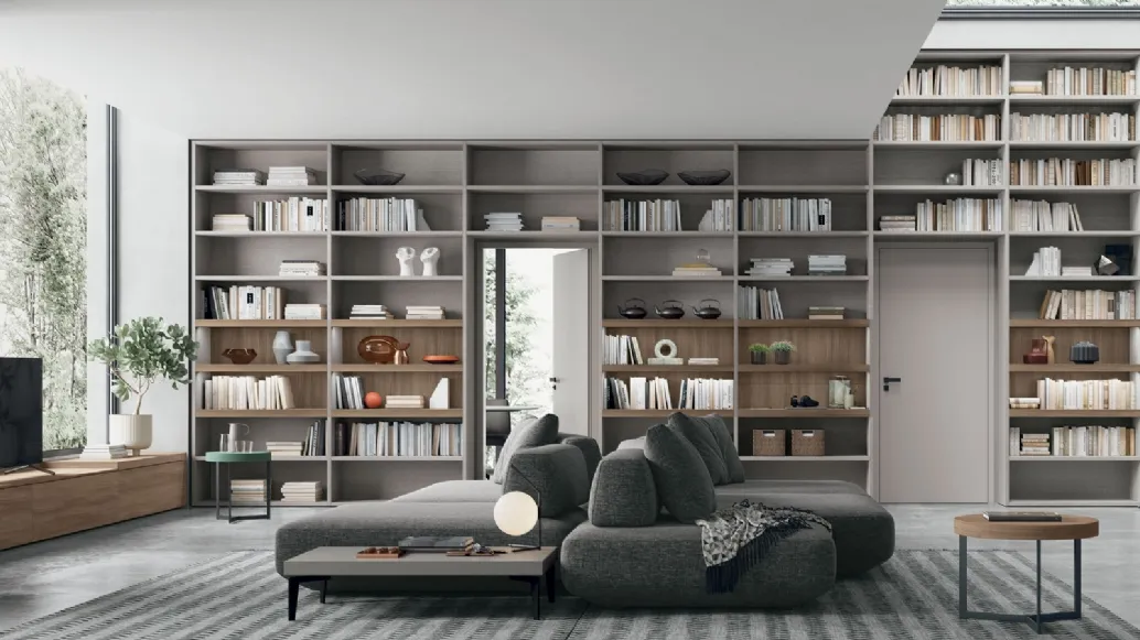 Atlas bookcase UNIT AT223 in amber walnut material and alpaca material by Tomasella.