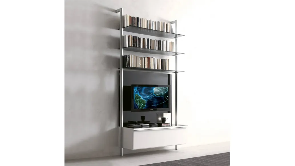 Capri metal bookcase with glass shelves and lacquered drawer by Ponti Terenghi.