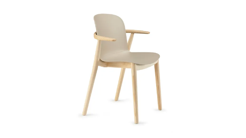 Chair with armrests Relief Wooden Legs with polypropylene shell and legs in solid Natural Ash wood by Infiniti.