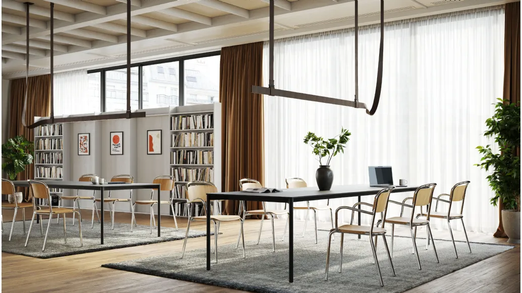 Chair with and without armrests in wood with chromed steel frame Skol Wood by Infiniti.