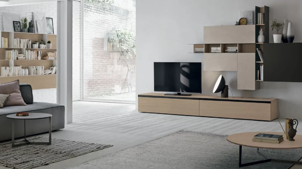 Equipped wall unit Atlante UNIT AT124 in rough cement quarry and anthracite matte rough by Tomasella.