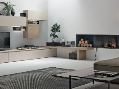 Wall unit Atlante UNIT AT125 in matte pearl and sand oak wood by Tomasella.