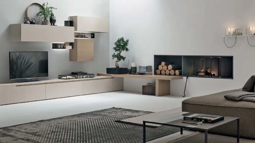 Wall unit Atlante UNIT AT125 in matte pearl and sand oak wood by Tomasella.