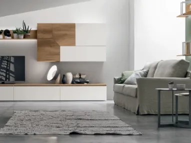 Atlante UNIT AT129 wall unit in light knotted material and matte chalk white material by Tomasella.