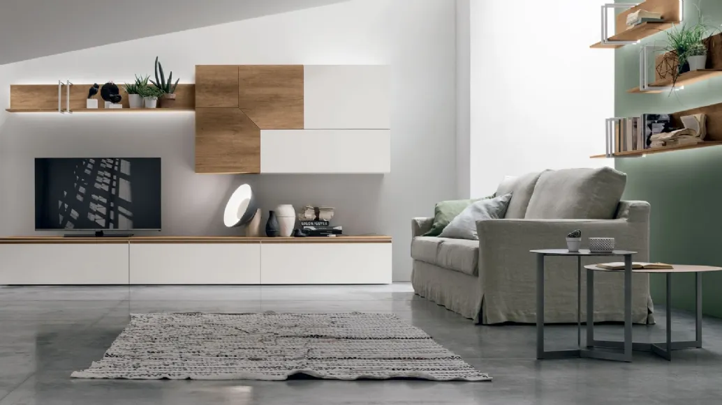 Atlante UNIT AT129 wall unit in light knotted material and matte chalk white material by Tomasella.