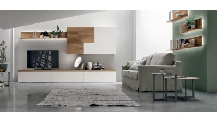 Atlante UNIT AT129 wall unit in light knotted material and matte chalk white material by Tomasella.