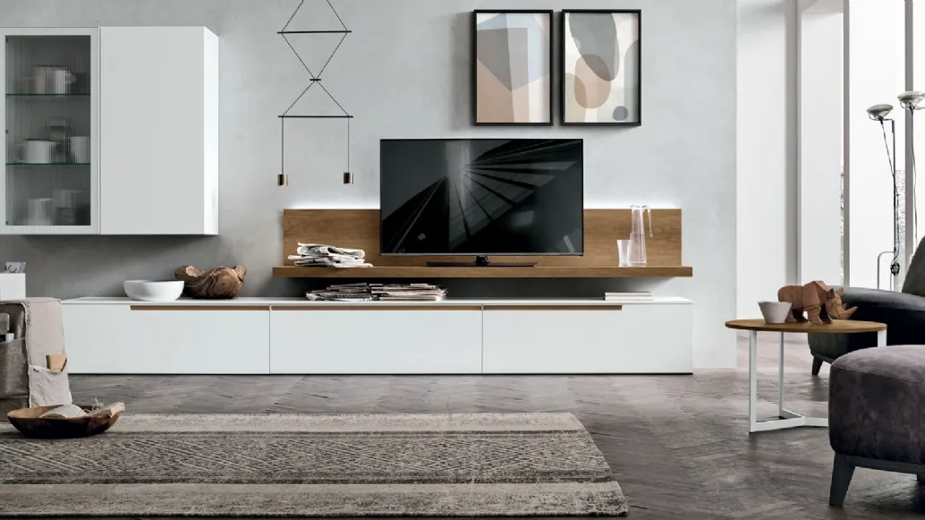 Equipped wall unit Atlas UNIT AT130 in white matte material and light knotted material by Tomasella.
