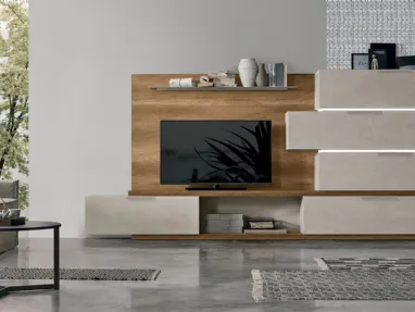 Wall unit Atlante UNIT AT131 in light cement material and dark knotted material by Tomasella.
