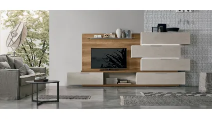 Wall unit Atlante UNIT AT131 in light cement material and dark knotted material by Tomasella.