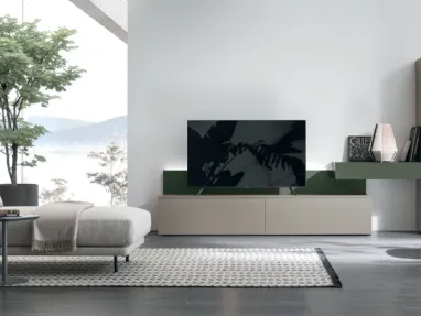 Wall unit Atlante UNIT AT133 in textured matte sand and matte lacquered wood by Tomasella.