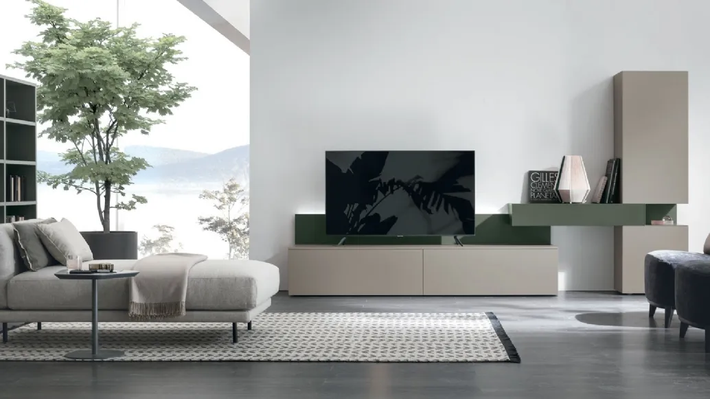 Wall unit Atlante UNIT AT133 in textured matte sand and matte lacquered wood by Tomasella.